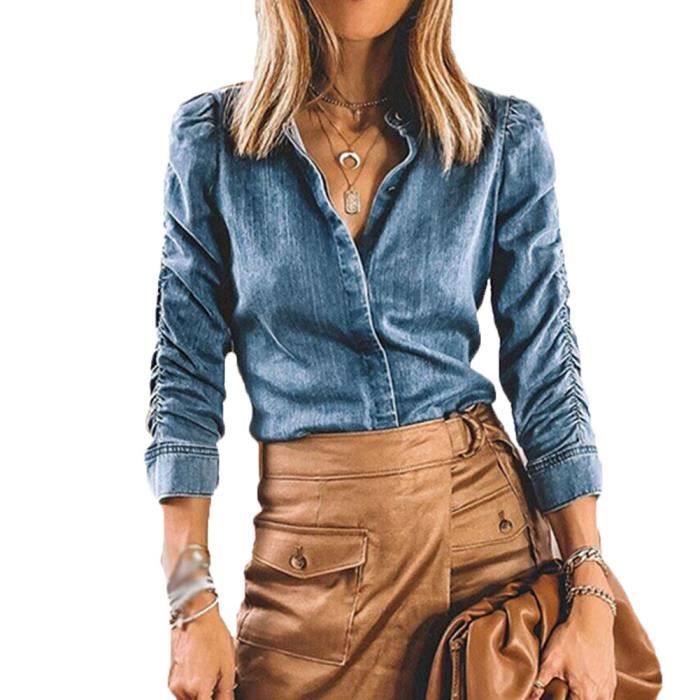 Chemise en Jean Femme Bleu Fonce Manches Longues Col Montant Coupe Classique Bleu Cdiscount Pret a Porter