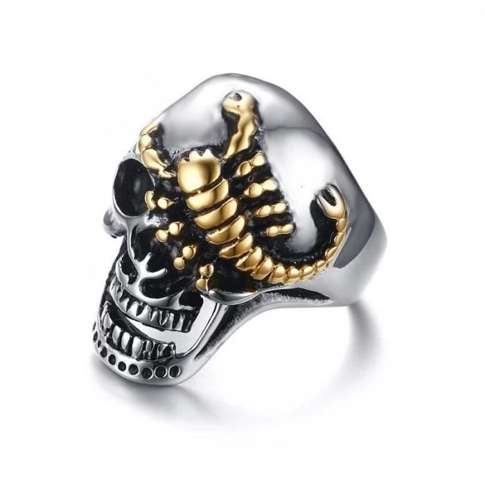 bague chevalière homme tête de mort crâne en acier et scorpion doré or biker 57