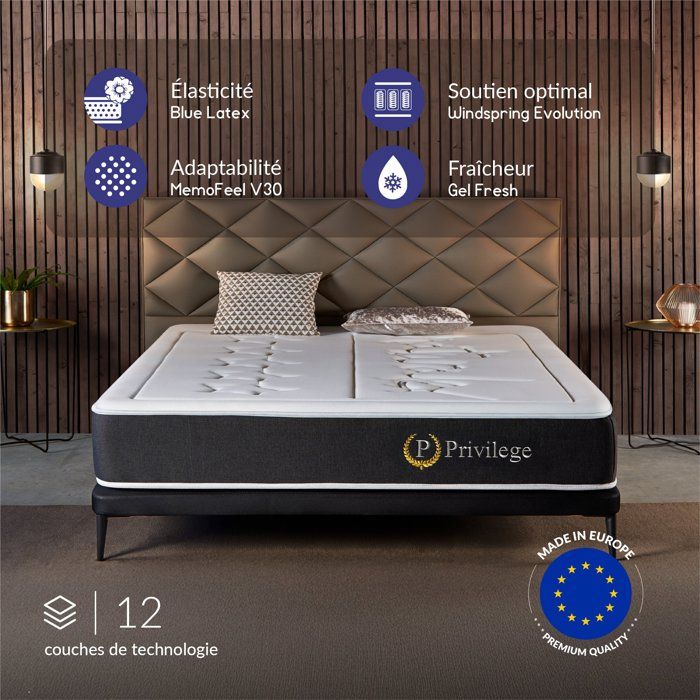 Matelas 180x200 cm - Privilège - Matelas Ressorts Ensachés Mousse mémoire de forme HR + Blue Latex Mi-ferme épais 26 cm Matelas 180x200 cm - Privilège - Matelas Ressorts Ensachés Mousse mémoire de forme HR + Blue Latex Mi-ferme épais 26 cm