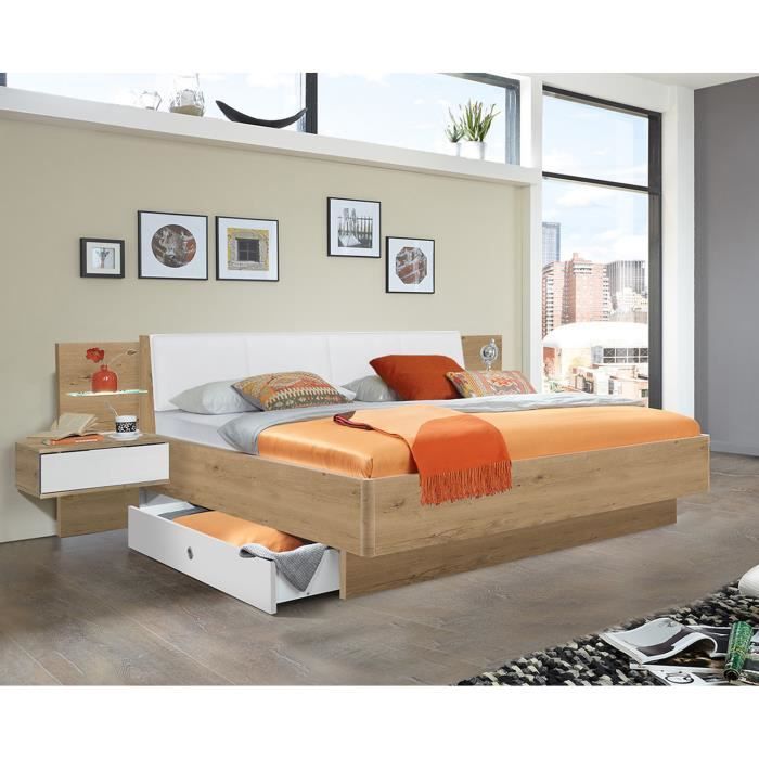 Lit Futon 2 Chevets En Panneaux De Particules Imitation Chene Poutre Blanc Dim 180x200 Cm Cdiscount Maison