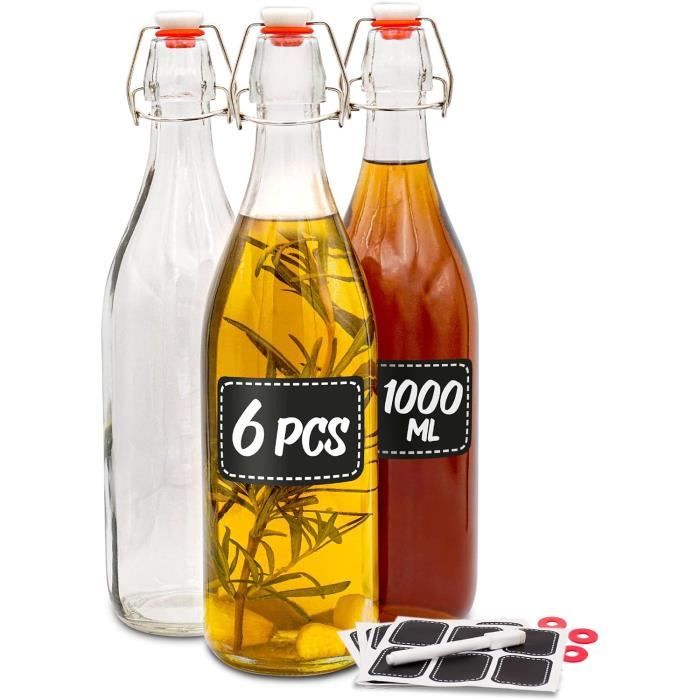 Lot De 3 Bouteilles En Verre Vintage 1 Litre - Bouchon Mécanique étanche, Lavables Au Lave-vaisselle