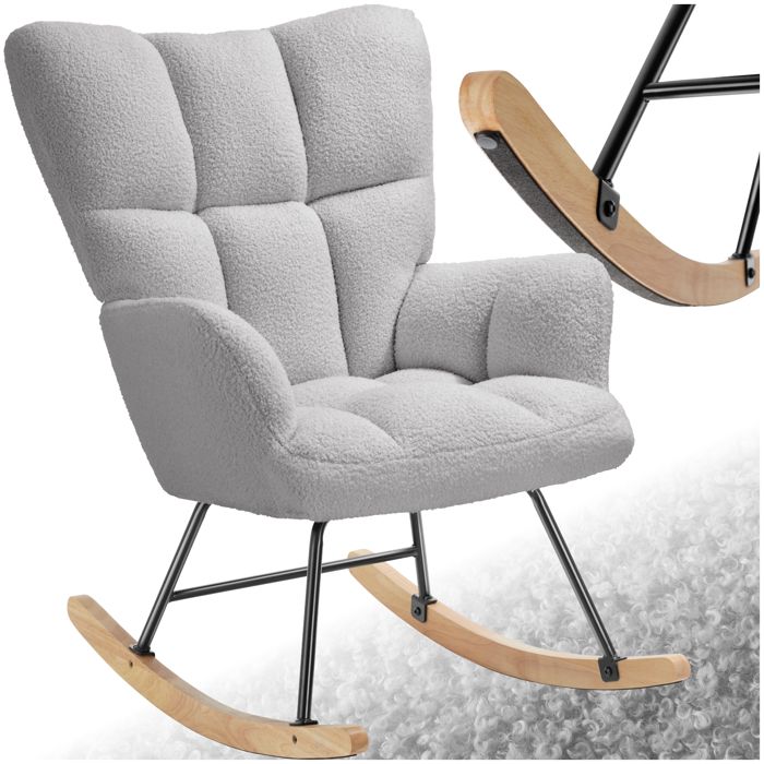 Fauteuil à bascule - TECTAKE - Fauteuil à bascule TORVE en polyester acier grand dossier embouts bois doux - Bouclé gris clair