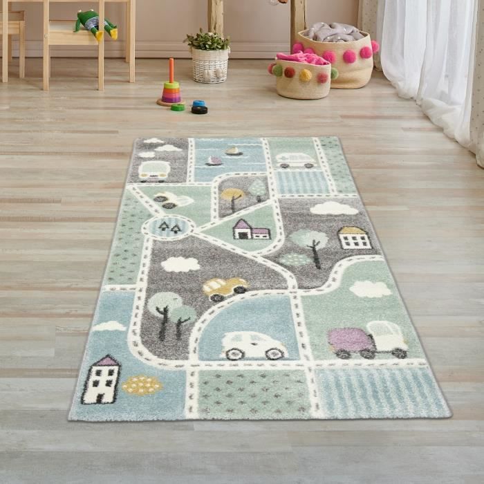 Circuit Voitures Jouets Tapis De Jeux Enfants Ville Et Route - 80x120cm Antidérapant Bleu Vert Tapis éducatif Urbain