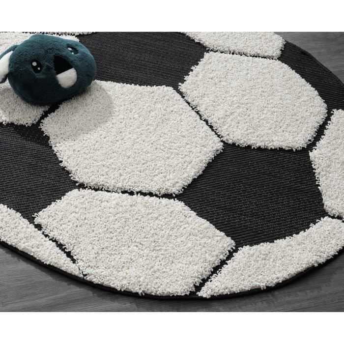 Tapis Enfant - THE CARPET - Lou - Aspect 3D - Motif Football - Noir/Crème - 160 cm Rond