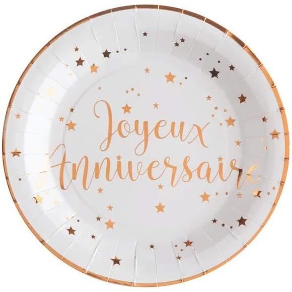 Assiette Joyeux Anniversaire Blanche Et Bleu Turquoise Métallisée (x10