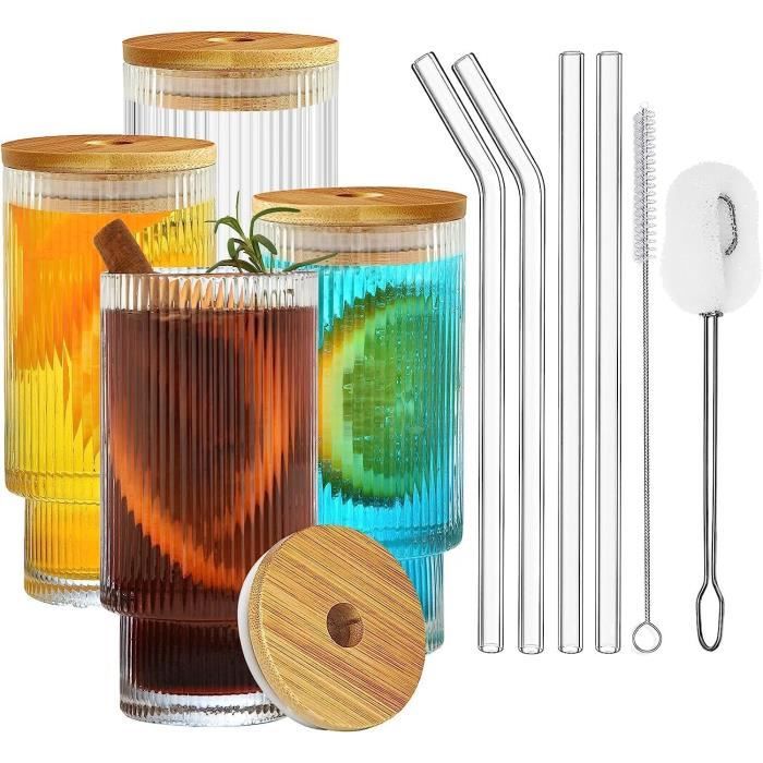 Lot De 6 Verres à Café Glacé Striés 310 Ml - Empilables Avec Paille - Idéal Cocktails Et Smoothies
