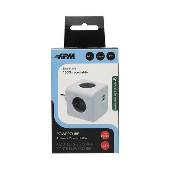 PowerCube Extended DuoUSB - Cube Multiprise 4 Prises + 2 Ports USB 2.1A, Câble 1.5m, Support Inclus, Charge Max 3500W
