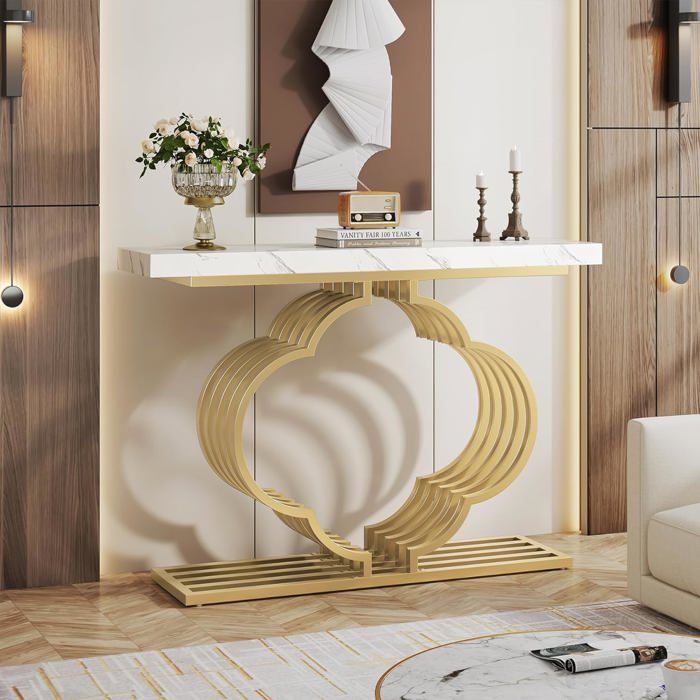 Table D'appoint Ronde Blanc Et Doré - Plateau Marbre Synthétique - 2 étages - Pour Salon Ou Chambre
