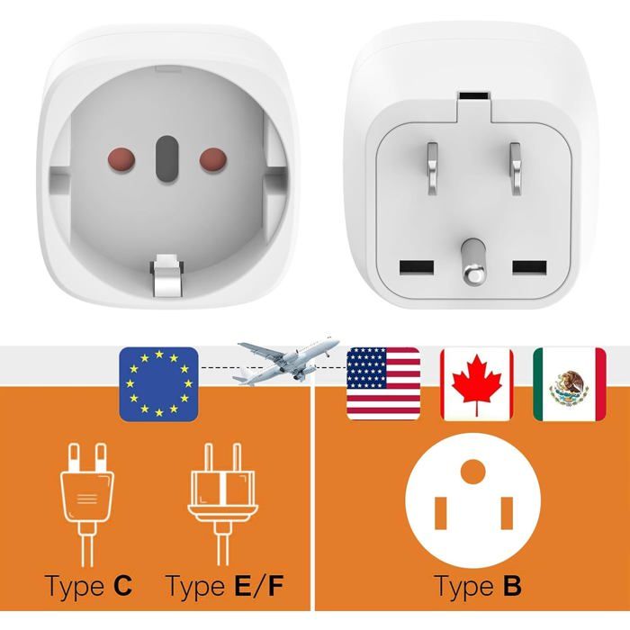 Lot De 3 Adaptateurs De Voyage USA Vers Europe - Prise Américaine (2 Broches Plates) Vers Prise Européenne (2 Broches Rondes) - 110-250V, 500W - Pour Smartphone, Tablette, Rasoir... - 5