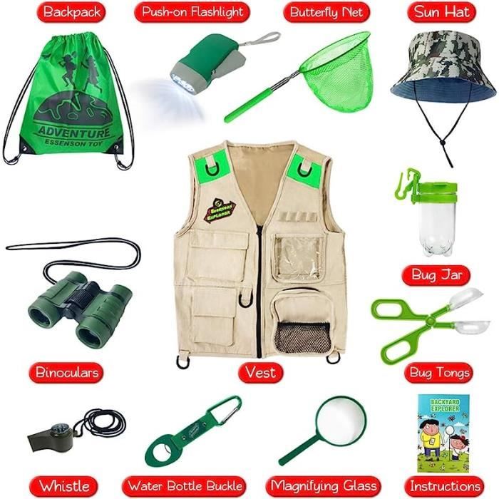 Kit D'Exploration Nature Pour Enfants - 11 Pièces En Bois Avec Jumelles, Filet à Papillons, Loupe, Boussole | Cadeau Éducatif Randonnée Camping