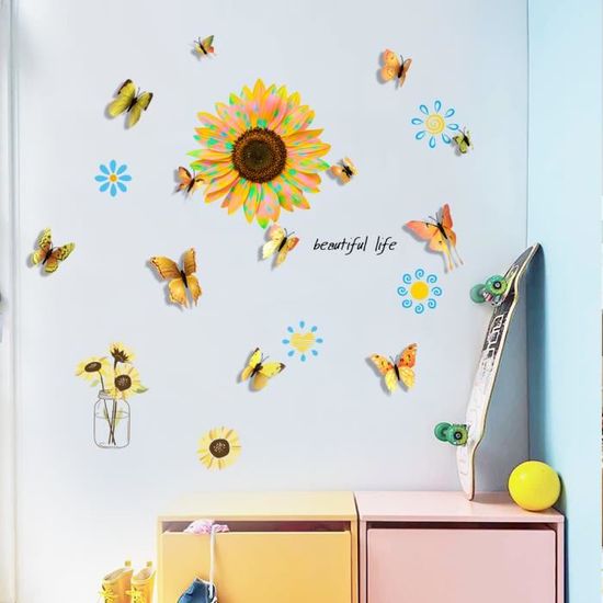 DecalMile Stickers Muraux Tournesols & Abeilles – Décoration Fleur Jardin Enfants, Chambre Salon, Faciles à Poser
