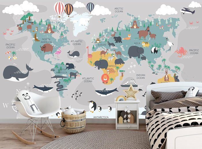 Papier peint carte du monde avec animaux Papier peint pour enfants ...