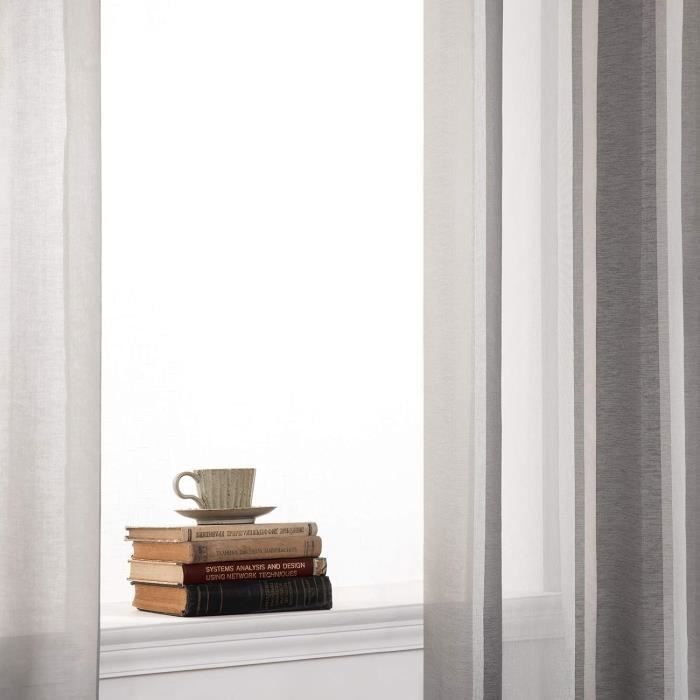 TOPICK Lot De 2 Rideaux à Rayures Gris 90x90 Cm - Voilage Transparent Avec Œillets - Rideaux Cuisine Brise-Bise Courts Pour Fenêtre