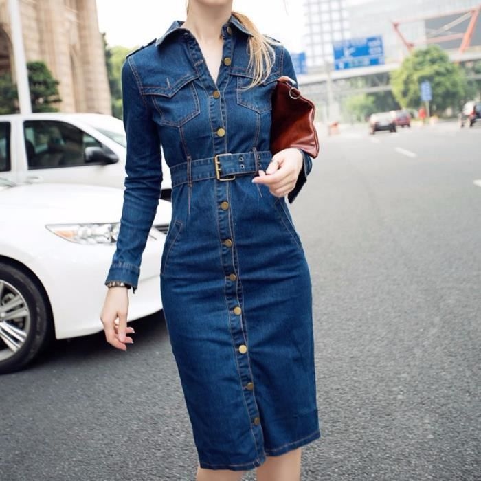Robe en jeans pour femmes Marque i3945 Coupe slim Manches mi manchette Avec ceinture Couleur bleu Bleu Cdiscount Pret a Porter