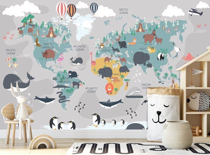Papier peint carte du monde avec animaux Papier peint pour enfants ...