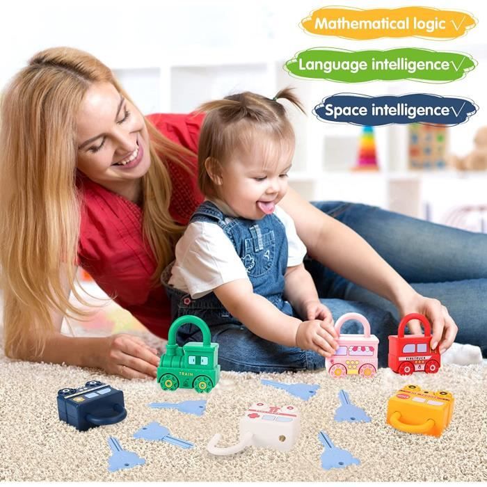 Peosaard 5 Ensemble Serrure et clé Jouet Pommes Alphabet Apprentissage serrures Montessori bébé clés Jouet Ensemble avec Cartes pour Les Tout-Petits 3