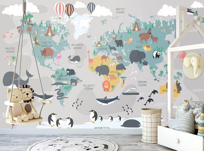 Papier peint carte du monde avec animaux Papier peint pour enfants ...