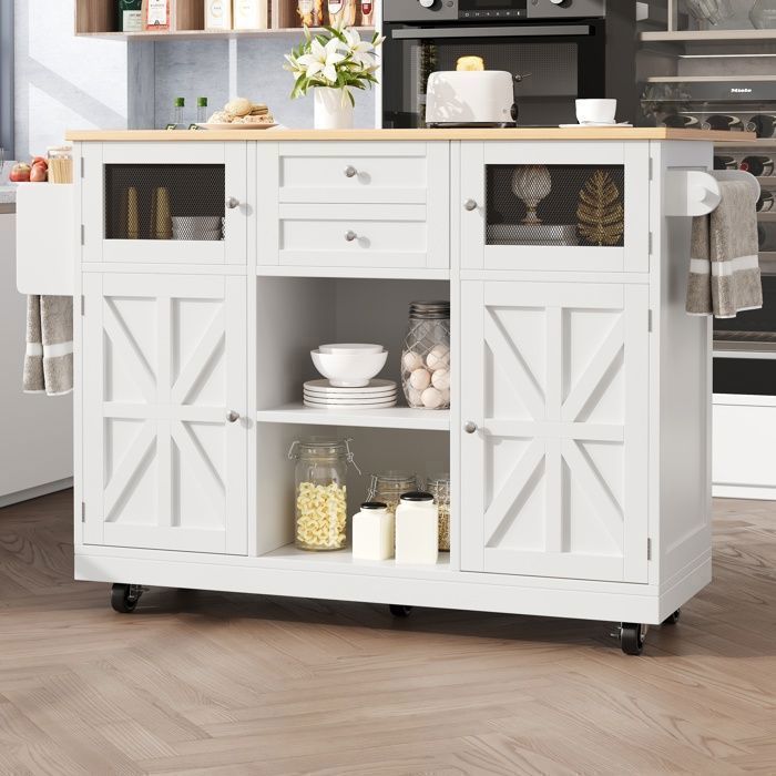 PUGSDRLY - Desserte Cuisine Avec Plan Pliable - Portes Coulissantes Verre, Roulettes, Rangement Ajustable - Gris Naturel