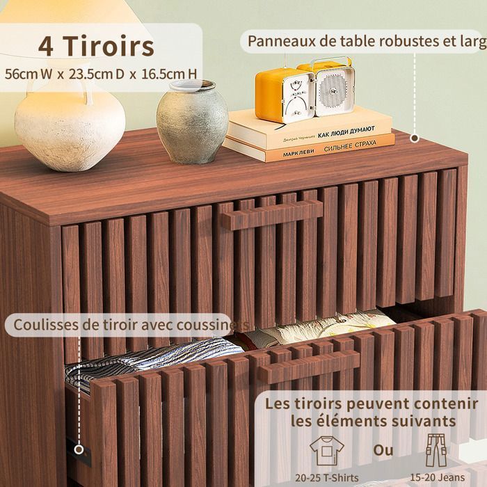 Commode avec 4 tiroirs, COZY, commode de chambre en bois, pieds en bois, 60x34x91 cm, Aspect bois, pour chambre salon, Bois noyer - Maison Commode avec 4 tiroirs, COZY, commode de chambre en bois, pieds en bois, 60x34x91 cm, Aspect bois, pour chambre salon, Bois noyer - Maison