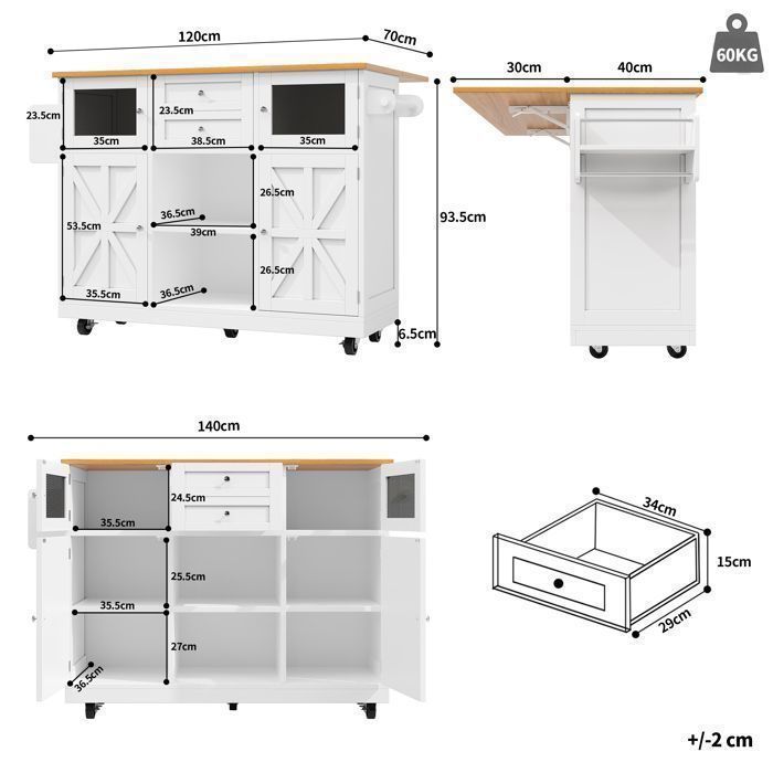 SDHYL L'îlot de Cuisine Mobile Buffet Cuisine à roulettes avec Grand Plan Travail Desserte à roulettes Chariot Bar avec Rangement Porte-Serviettes Tiroir & Portes Blanc/Érable