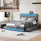 Lit double 140x190 cm - NMONET - LED - 4 tiroirs - USB - Tissu en lin gris