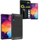 VCOMP Pour Samsung Galaxy A50 SM-A505F 6.4": Coque Silicone Fibre de Carbone - NOIR + 2 Films Verre Trempé