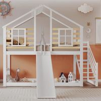 DRIPEX Lit superposé 90x200cm avec toboggan,deux fenêtres et toit pour enfants,Lit cabane avec escalier et barrière,lit enfant Blanc
