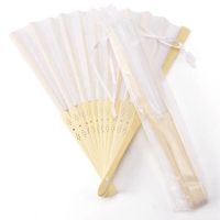 qualité-10x eventail tissu de soie blanc + bambou avec sac cadeau moussline faveurs de mariage danse ecriture peinture personnalise