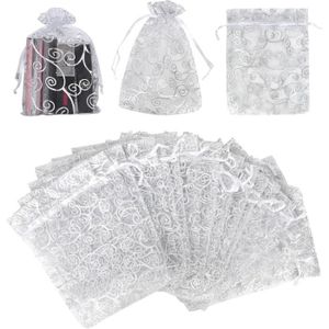 Lot De 100 Sachets En Organza 8x10 Cm - Blancs Avec Cordon De Serrage - Pour Cadeaux, Mariage, Anniversaire, Noël