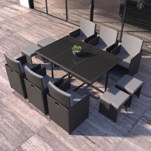 Ensemble table et chaise de jardin FLORIDA - Salon de jardin résine tressée Noir & Gris 10 places