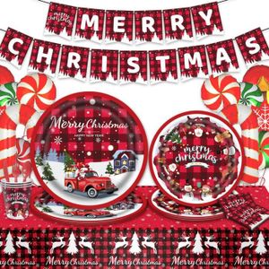 10pcs Fête de Noël Vaisselle Jetable Ensemble Drôle Rouge Voiture Père Noël  Motif Assiette Serviette Joyeux Noël Décor
