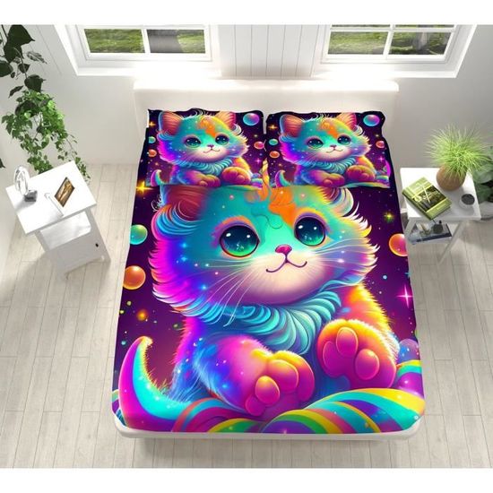 Drap-housse 140x190 Cm Motif Chat - Microfibre Douce, Poche 30 Cm, Avec 2 Taies D'oreiller