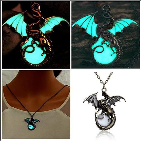 Collier Dragon Phosphorescent – Argenté, Pendentif 4,5 Cm, 55 Cm De Chaîne – Féeries Et Merveilles