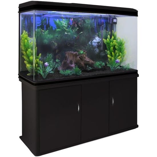 Aquarium de 300 Litres, Kits et Accessoires de Démarrage, Graviers Noir, Meuble NOIR, 143,5cm x 120,5cm x 39 cm