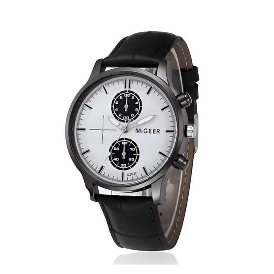 Montre Migeer Homme Bracelet Cuir Noir Cadran Rond Acier