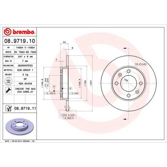 Brembo Anti Corrosion Brembo Disque Frein Arrière 08.9719.11 - Revêtement Anti-Corrosion - Jeu De 2 - Compatible Peugeot/Citroën Revêtement Anti-corrosion UV