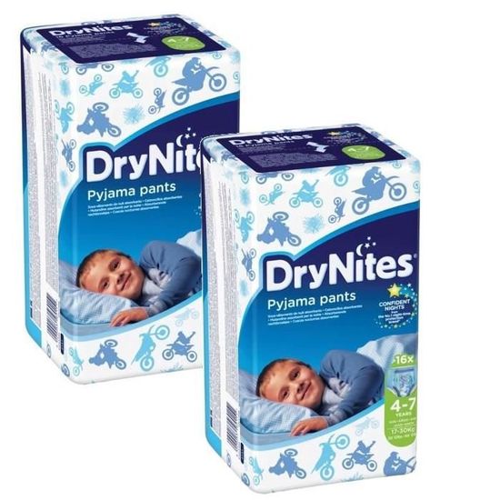 HUGGIES Lot de 2 DryNites Boy 4/7 ans - De 17 à 30kg - 16 couches