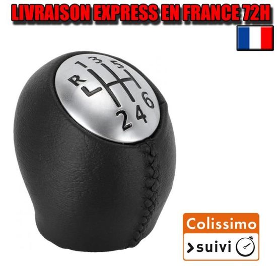 Pommeau Levier Vitesse 5 Vitesses - Similicuir & Métal Argent Brillant - Compatible Renault Clio III, Laguna, Mégane, Etc. 2003-2009