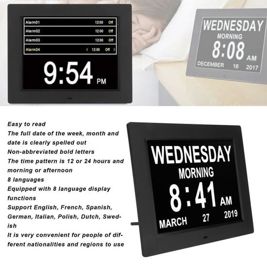 Horloge Numérique 10 Pouces Pour Personnes Âgées - Réveil Jour, Météo, 5 Alarmes, Wifi, Gradation Auto, Prise UE