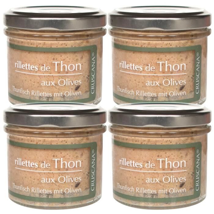 Lot de 4 - Cruscana Rilettes de thon aux Olives - 100g - Sans gluten, sans colorant - Apéritif à tartiner