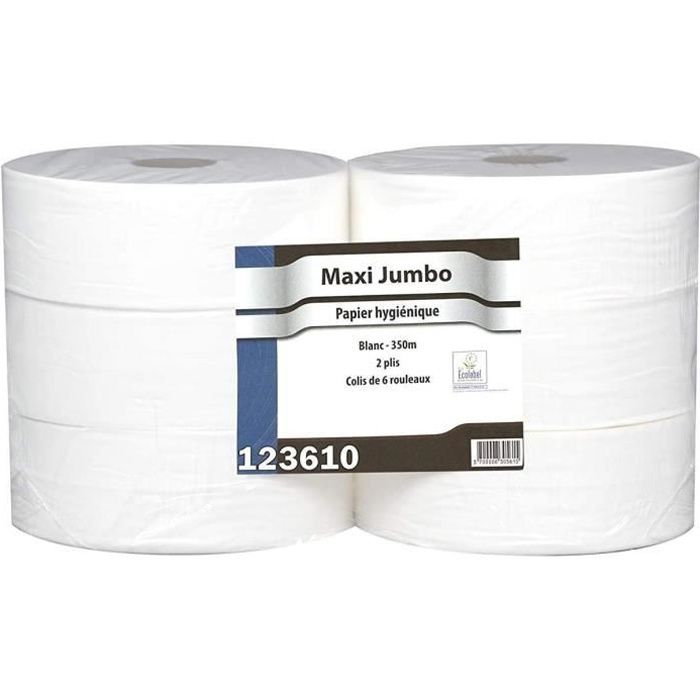 Papier Hygiénique Maxi Jumbo - Pure Ouate Blanche 2x17g/m² - Pack De 6 Rouleaux - T320 Mètres - Dimension 8,8x12,5cm - Af40402 - Fab