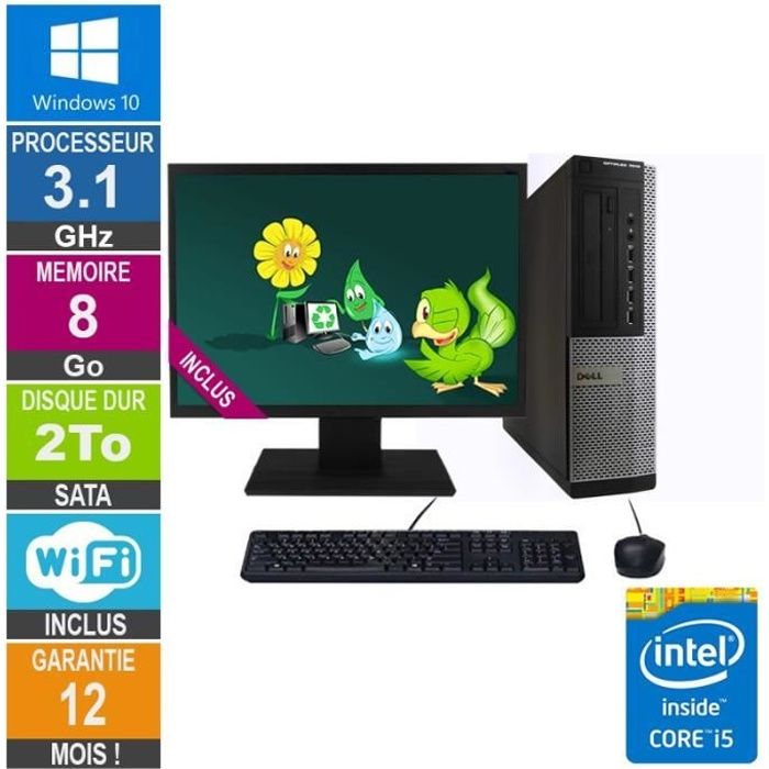 PC Dell Optiplex 7010 DT Core i5-2400 3.10GHz 8Go/2To Wifi W10 + Ecran 22