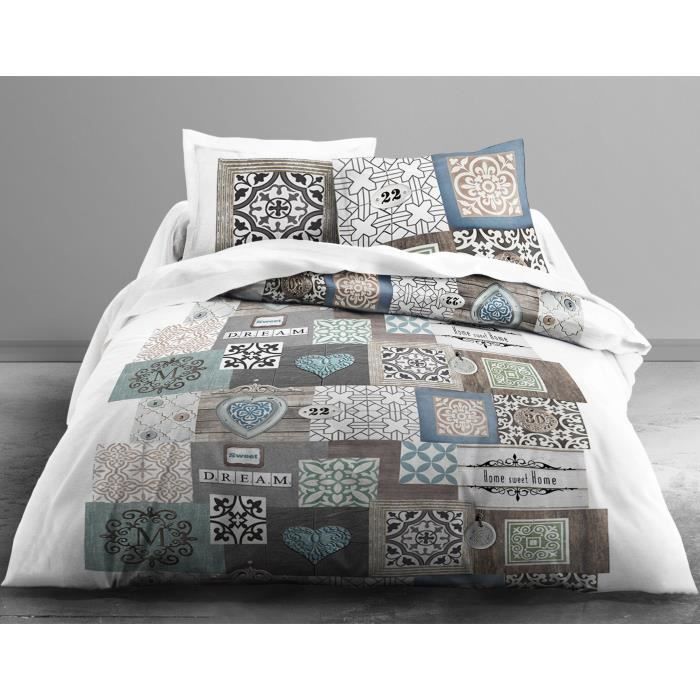 TODAY Parure de couette 100% coton MAWIRA SWEET HOME - 1 housse de couette 220x240 cm + 2 taies 63x63 cm blanc, bleu et gris TODAY