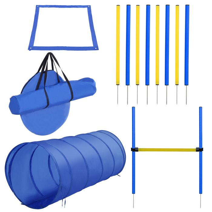 Agility sport pour chiens équipement complet obstacle, tunnel, slalom, zone repos + sac de transport bleu jaune 04 148x60x60cm Bleu