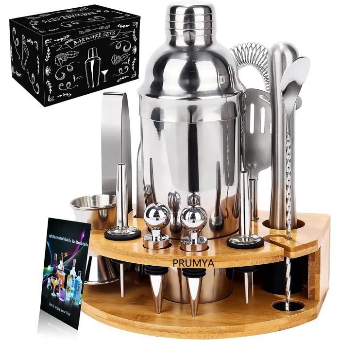 PRUMYA Cocktail Shaker Mélangeur Outils 13 Pcs En inoxydable avec support ensemble , élangeur à martini de 25 oz