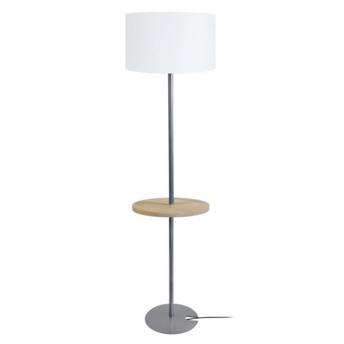 MESA Lampadaire en acier et Bois - Abat-jour Cylindrique Tissu Blanc - 40 x 40 x H165 cm - E27