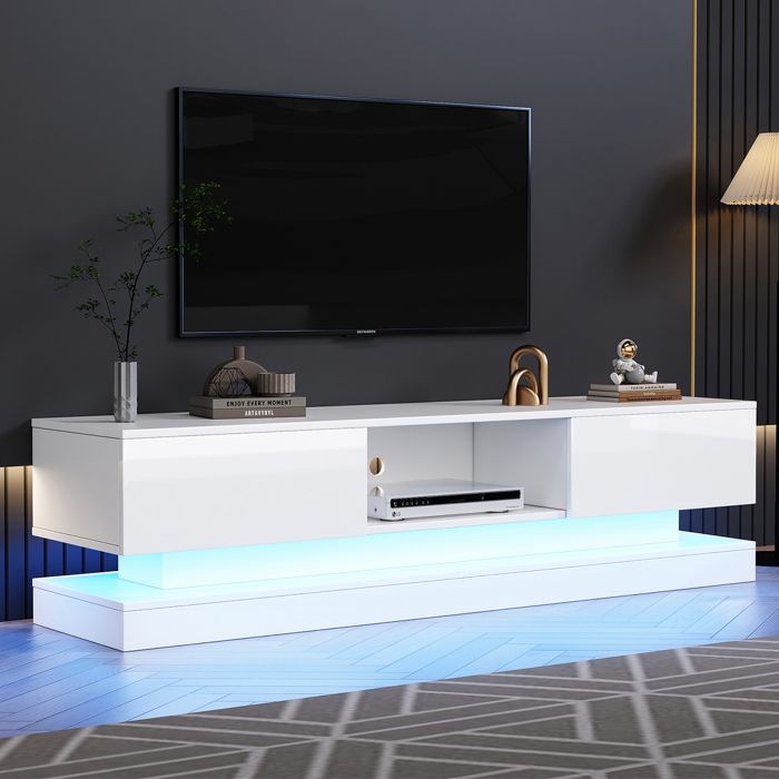 Meuble TV avec LED 160cm - 2 tiroirs et 1 compartiment ouvert - adapté pour TV 60 - Blanc