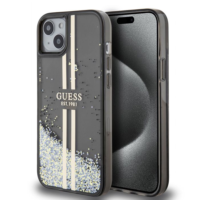 Coque pour iPhone 15 Plus / iPhone 14 Plus Guess Liquid Glitter Gold Stripes GUHCP15MLFCFCSEGT Transparente