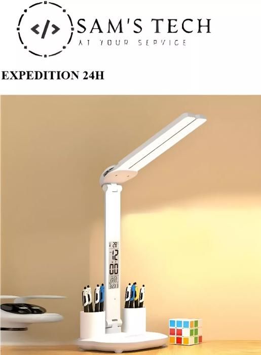 Lampe LED de Bureau rechargeable avec Horloge Température et Double Tête