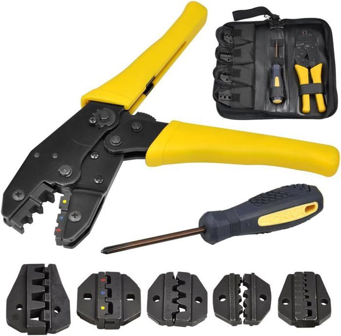 5 en 1 Pince à Sertir à Cosses pour Connecteurs Isolés et Non Isolés avec 1 Tournevis et Sac Outil Sertissage Cable